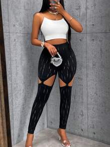 SHEIN Slayr 鏤空網眼針織緊身打底褲 - 黑色 - 查看 5