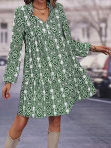 SHEIN LUNE 滿版印花繫帶領燈籠袖洋裝 - 墨綠色 - 查看 4
