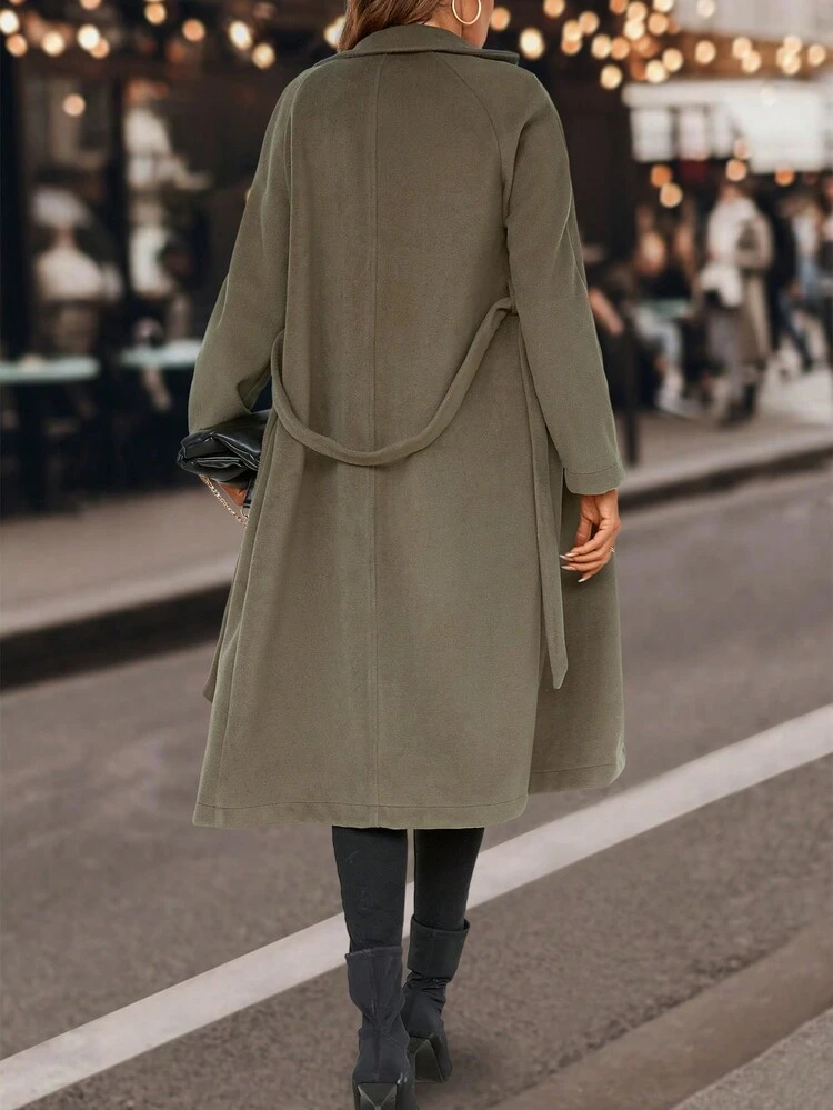 Lapel Neck Single Breasted Belted Overcoat Fall Cloth For Women