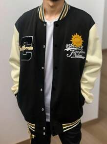 Manfinity Homme 男士大码字母圖案撞色落肩袖學院風夾克無連帽衫 - 黑色 - 查看 3