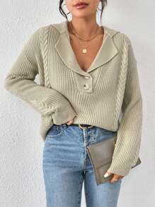 Chiquease Áo len chui đầu cổ ve áo, cài cúc phía trước, vai rớt, dệt kim kiểu cáp, thích hợp cho mùa thu đông. - Màu Khaki - Xem 1