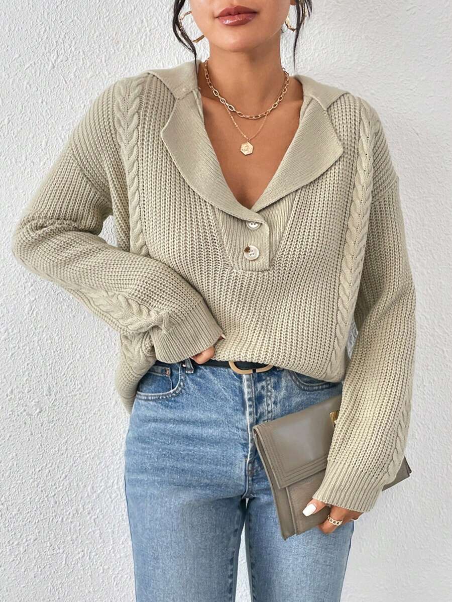 Chiquease Áo len chui đầu cổ ve áo, cài cúc phía trước, vai rớt, dệt kim kiểu cáp, thích hợp cho mùa thu đông. - Màu Khaki - Xem 1