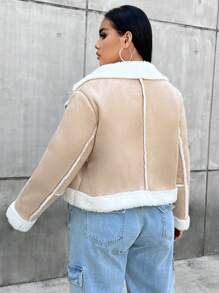 Flirla Plus Teddy Lined Zip Up Moto Jacket, For Winter - Multicolor - View 3