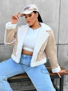 Flirla Plus Teddy Lined Zip Up Moto Jacket, For Winter - Multicolor - View 7