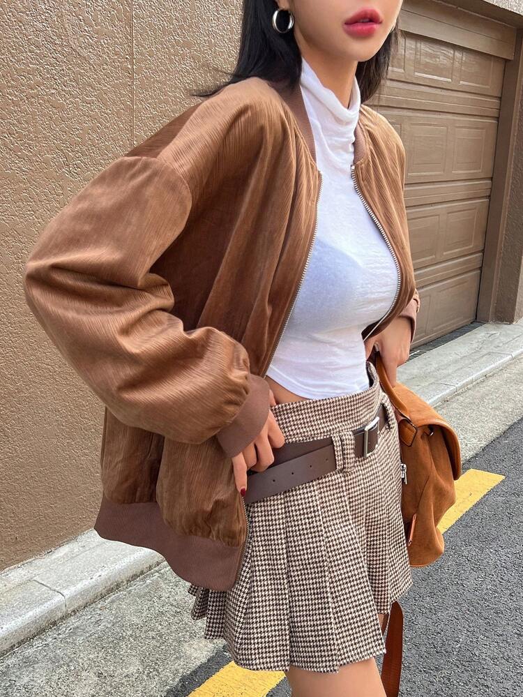 Zip Up Drop Shoulder Bomber Jacket,Fall Clothes