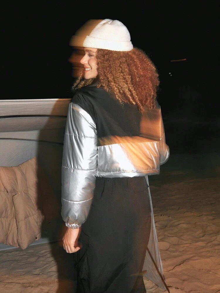 Holographic Button Front Padded Coat