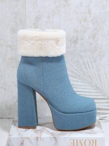 SHUZIA Fuzzy Cuff Zip Up Block Heel Booties - Blue - View 2