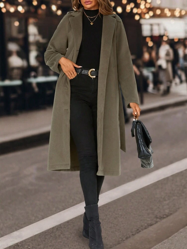 Lapel Neck Single Breasted Belted Overcoat Fall Cloth For Women