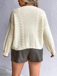 Celure Plus Cable Knit Drop Shoulder Cardigan - Beige - View 3