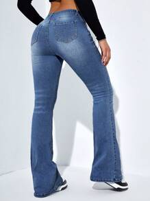 SHEIN ICON Moustache Effect Flare Leg Jeans - Dark Wash - View 2