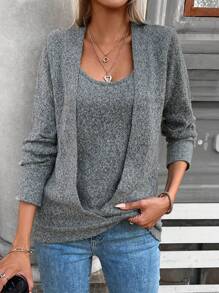 SHEIN LUNE 混色针织套头衫秋冬毛衣 - 灰色 - 查看 3