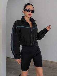 Dazy Designer Băng tương phản Thả vai Dây kéo Áo khoác - màu đen - Xem 5