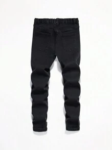 少年男孩刺繡細節和磨損黑色牛仔褲 - 黑色 - 查看 2