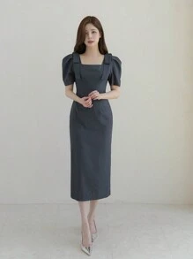 DAZY 女性泡泡袖洋裝 - 灰色 - 查看 4