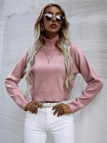 SHEIN LUNE High Neck Solid Sweater - Pink - View 1