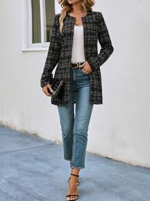 SHEIN Clasi 格子前开式粗花呢大衣，女士春/秋季优雅常规袖常规版型黑白粗花呢格子女式大衣，职业/商务装/工作服 - 黑與白 - 查看 6