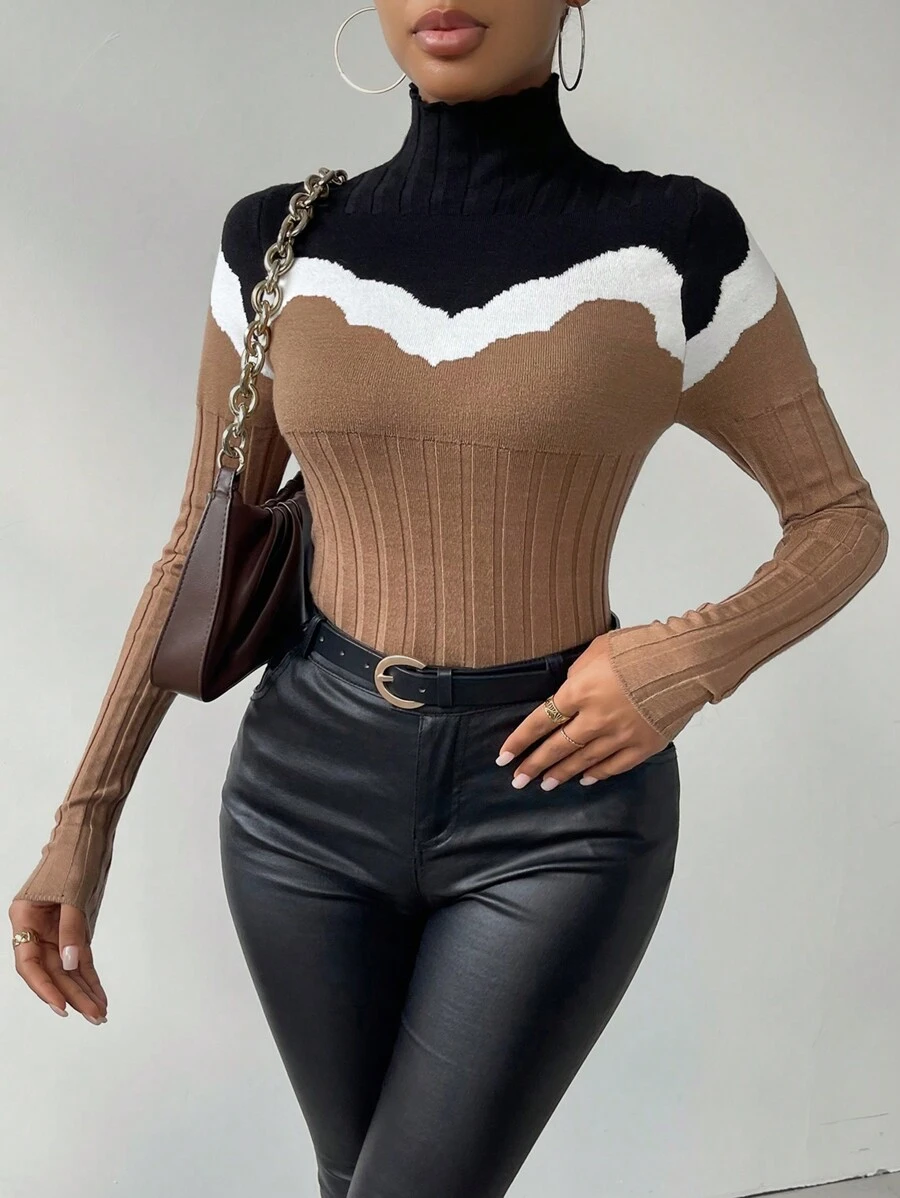 SHEIN Unity Khối màu Cổ cao Áo len - màu đen - Xem 1