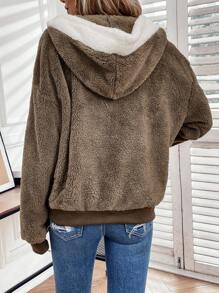 SHEIN LUNE Thả vai Dây rút áo có mũ Flannelette Áo khoác - Màu xám đen - Xem 2