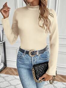 SHEIN LUNE Solid Mock Neck Thermal Lined Tee - Apricot - View 3