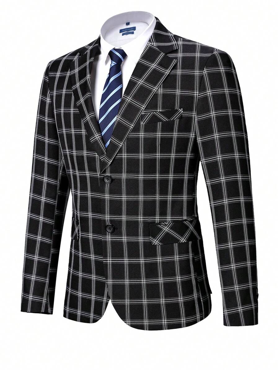 Manfinity Mode 1pc Men's Plaid Notched Collar Single Breasted Suit - Black and White - View 1