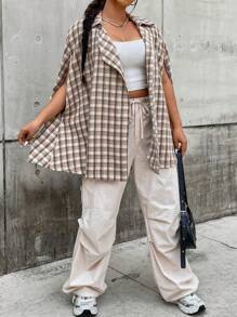 Flirla Plus Plaid Print Cloak Sleeve Overcoat - Apricot - View 6