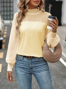 SHEIN Privé Chấm Swiss Yoke Tay áo lồng đèn Áo - Màu be - Xem 5