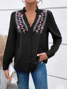 SHEIN LUNE Camisa con bordado floral con botón delantero - Negro - Ver 6