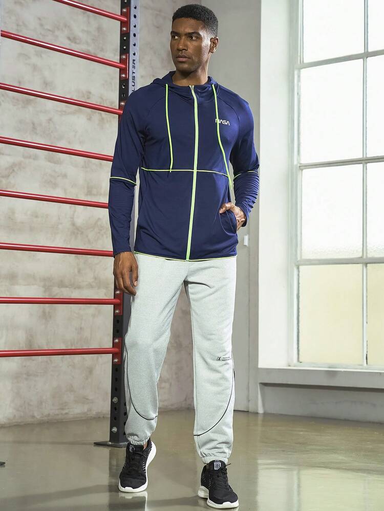 Boyfriend Style Men Letter Graphic Contrast Piping Drawstring Hooded Sports Jacket Workout Tops Sports Jacket