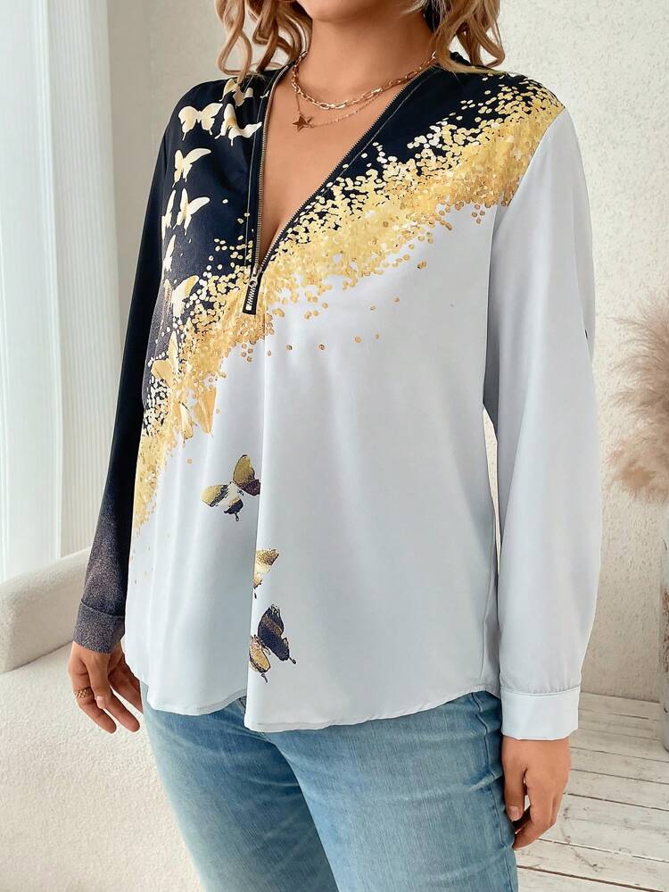 Plus Butterfly Print Rolled Tab Sleeve Half Zip Blouse