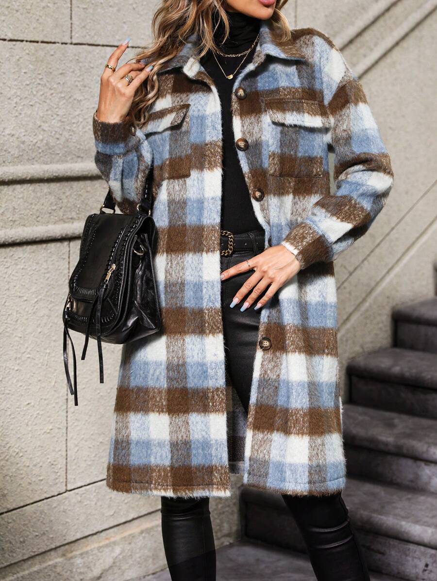 SHEIN LUNE In kẻ sọc Túi có nắp Thả vai Áo khoác - Nhiều màu - Xem 1