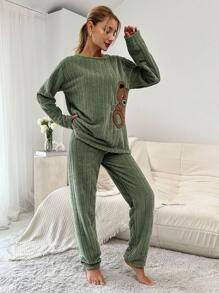 SHEIN Cottnline Bear Embroidery Flannel PJ Set - Green - View 4