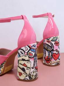 Closed Toe Ankle Strap Block Heel Pumps - Pink - View 3
