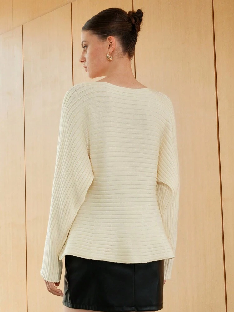 Anewsta Suéter de cuello de barco, manga de murciélago, tejido, para otoño e invierno - Albaricoque - Ver 2