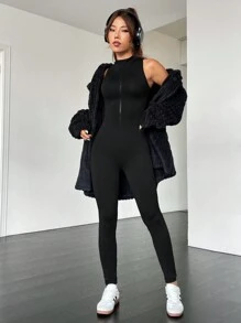 SHEIN EZwear 素色前拉鏈彈力緊身連體褲