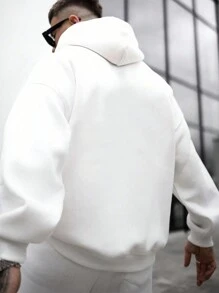 Men Kangaroo Pocket Drop Shoulder Hoodie, Fall, Long Sleeve Top - White - View 2