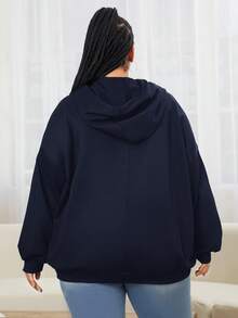 SHEIN CURVE+ 加大码字母图案袋鼠口袋落肩抽绳卫衣 - 藏蓝色 - 查看 2