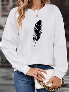 EMERY ROSE 羽毛印花落肩袖運動衫 - 白色 - 查看 3