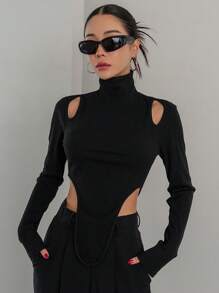 Dazy Designer 镂空高领不对称下摆长袖T恤女式上衣 - 黑色 - 查看 7