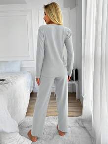 RueChic Letter and Floral Embroidered Ribbed Knit Lounge Set - Light Grey - View 2