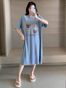 DAZY Bear & Slogan Graphic Drop Shoulder Lounge Dress Pajama