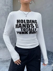 SHEIN Coolane Slogan Graphic Ruched Side Tee - White - View 4