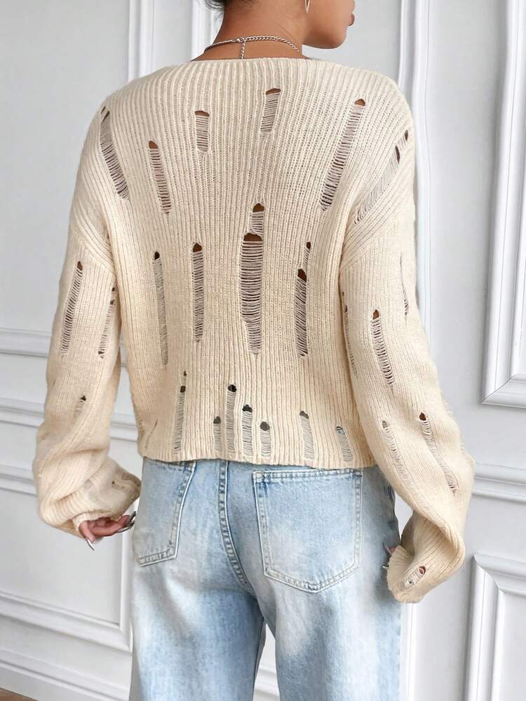Solid Ripped Drop Shoulder Knit Pullover Fall Winter Sweater