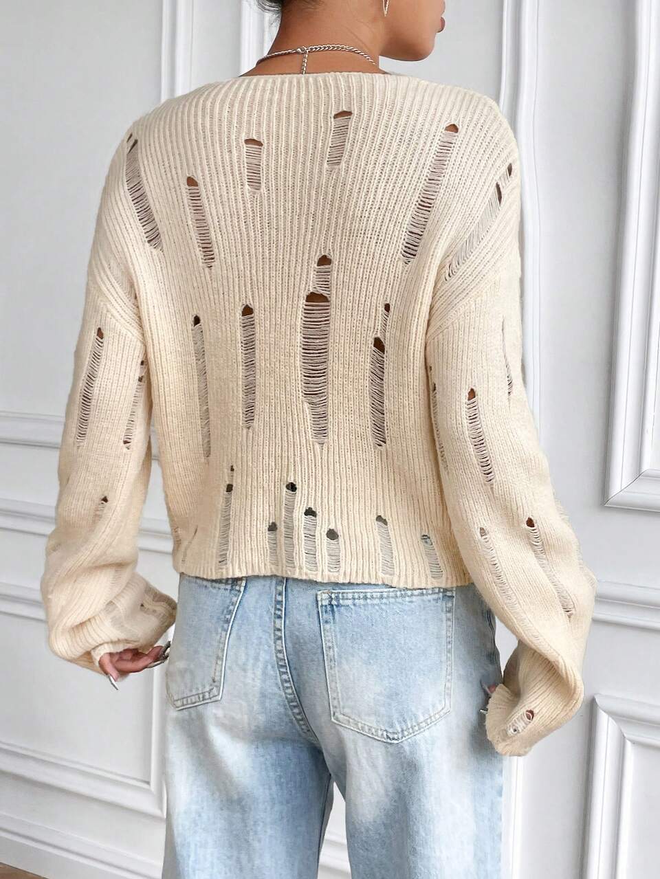 Solid Ripped Drop Shoulder Knit Pullover Fall Winter Sweater