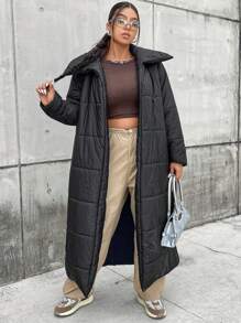 Flirla Plus Solid Belted Padded Padded Coat Clothes Winter - Black - View 6