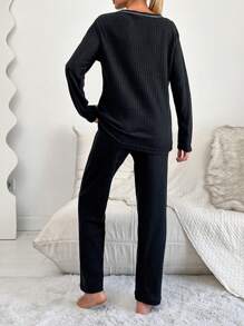 RueChic Floral & Slogan Graphic Ribbed Knit Lounge Set - Black - View 2