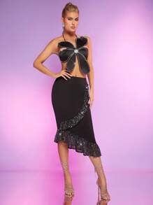 Hauture 亮片荷葉邊裝飾包裹式裙子