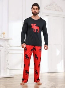 Hombres Conjunto de pijama con estampado de animal - Negro - Ver 1