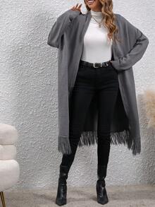 EMERY ROSE Fringe Hem Drop Shoulder Cardigan - Dark Grey - View 4