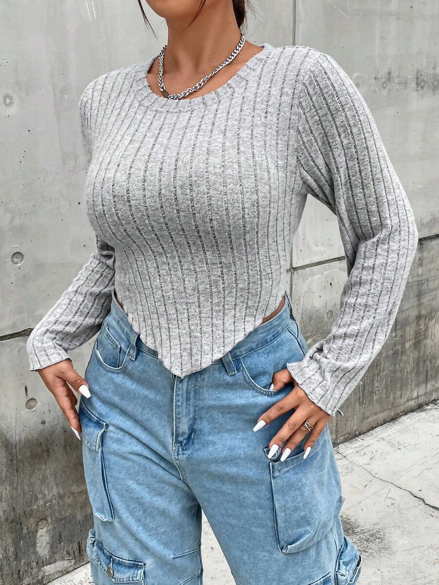 Flirla Plus Hanky Hem Tee - Light Grey - View 1