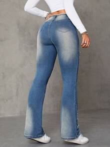 SHEIN ICON Jeans de pierna amplia de talle alto desgarro - Azul lavado medio - Ver 2